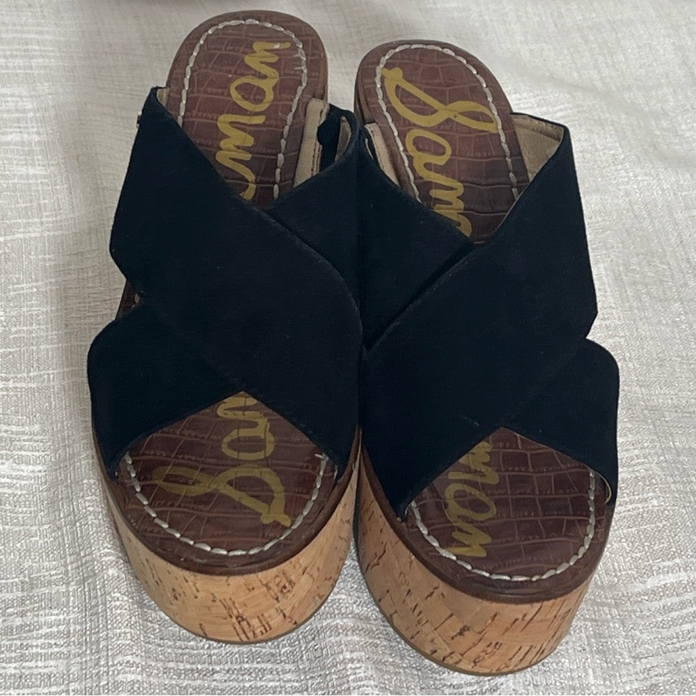 Sam Edelman Darlene Slip On Sandles Cork Look Platform Black Suede Upper Sz 9 - Picture 5 of 16
